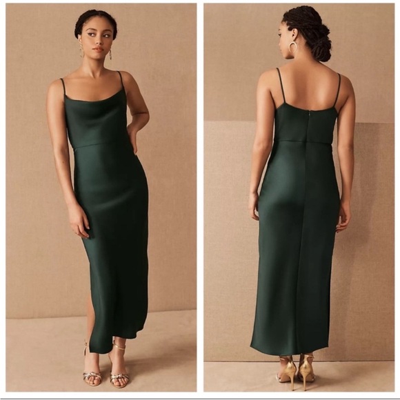 NEW Anthropologie BHLDN Cali Satin Charmeuse Midi Dress in Dark Emerald Green 12 - Picture 1 of 5